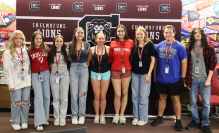 Seniors honored during Chelmsford High School’s Future Teachers Signing Day on Thursday, May 29, are, left to right, Addison Ryan, Emerson Callahan, Ava Carvalho, Allie Kenney, Maggie Luke, Charlotte Buckley, Alice Spiller, Michael Cunningham and Scott Oliveri. Unable to attend the ceremony were Sophia Miranda, Riley Russell and Quentin Carroll.