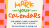 2026 Parent-Curriculum Night graphic encouraging parents to save the dates for their child's school.