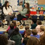 Chelmsford High School National English Honor Society members Ellen Griswold and Maeve Chalmers read to students in Mrs. Bullock's first grade class at South Row Elementary School.