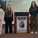 Participants in the Concours Oratoire 2026 held at Chelmsford High School on March 3 were, left to right, Arianna Parks (third place), Anna Gorovits (first place) and Joanna Green (second place).