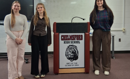 Participants in the Concours Oratoire 2026 held at Chelmsford High School on March 3 were, left to right, Arianna Parks (third place), Anna Gorovits (first place) and Joanna Green (second place).