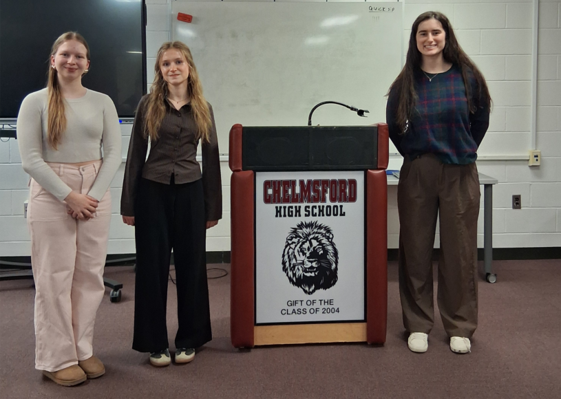 Participants in the Concours Oratoire 2026 held at Chelmsford High School on March 3 were, left to right, Arianna Parks (third place), Anna Gorovits (first place) and Joanna Green (second place).