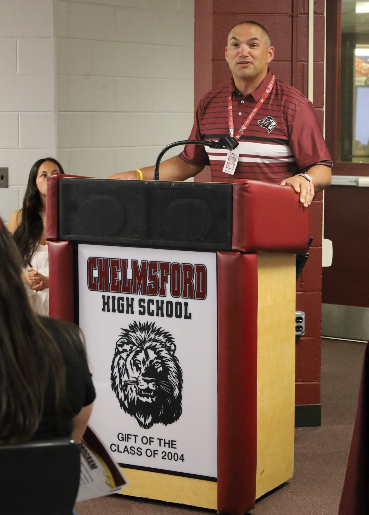 John MacIsaac, Dean of Whittier House at CHS, shared some words of wisdom with those in attendance for the Future Teachers Signing Day at Chelmsford High School on May 22, 2026.