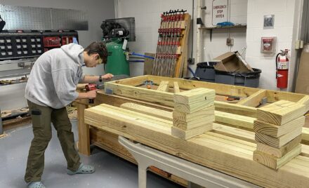Students in Woodworking classes at Chelmsford High School work on their projects.