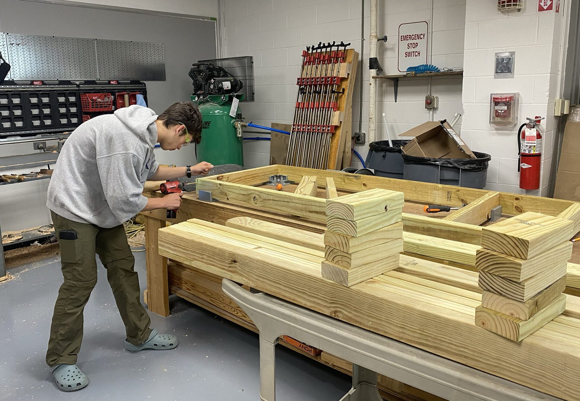 Students in Woodworking classes at Chelmsford High School work on their projects.