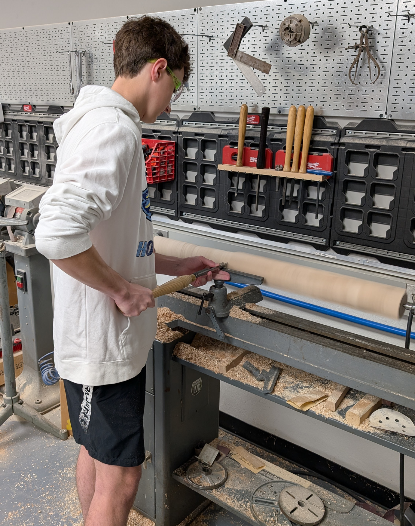 Students in Woodworking classes at Chelmsford High School work on their projects.