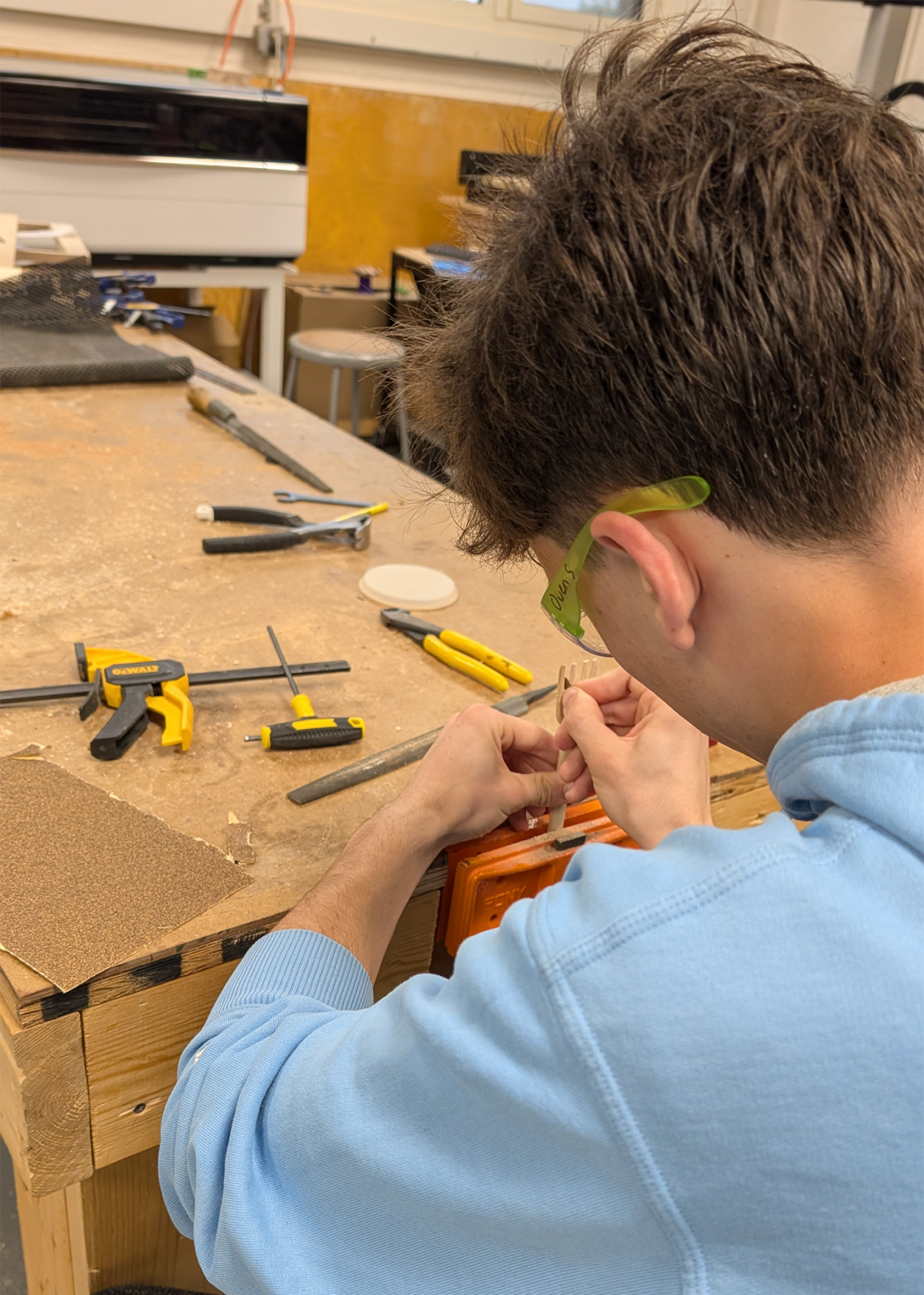 Students in Woodworking classes at Chelmsford High School work on their projects.