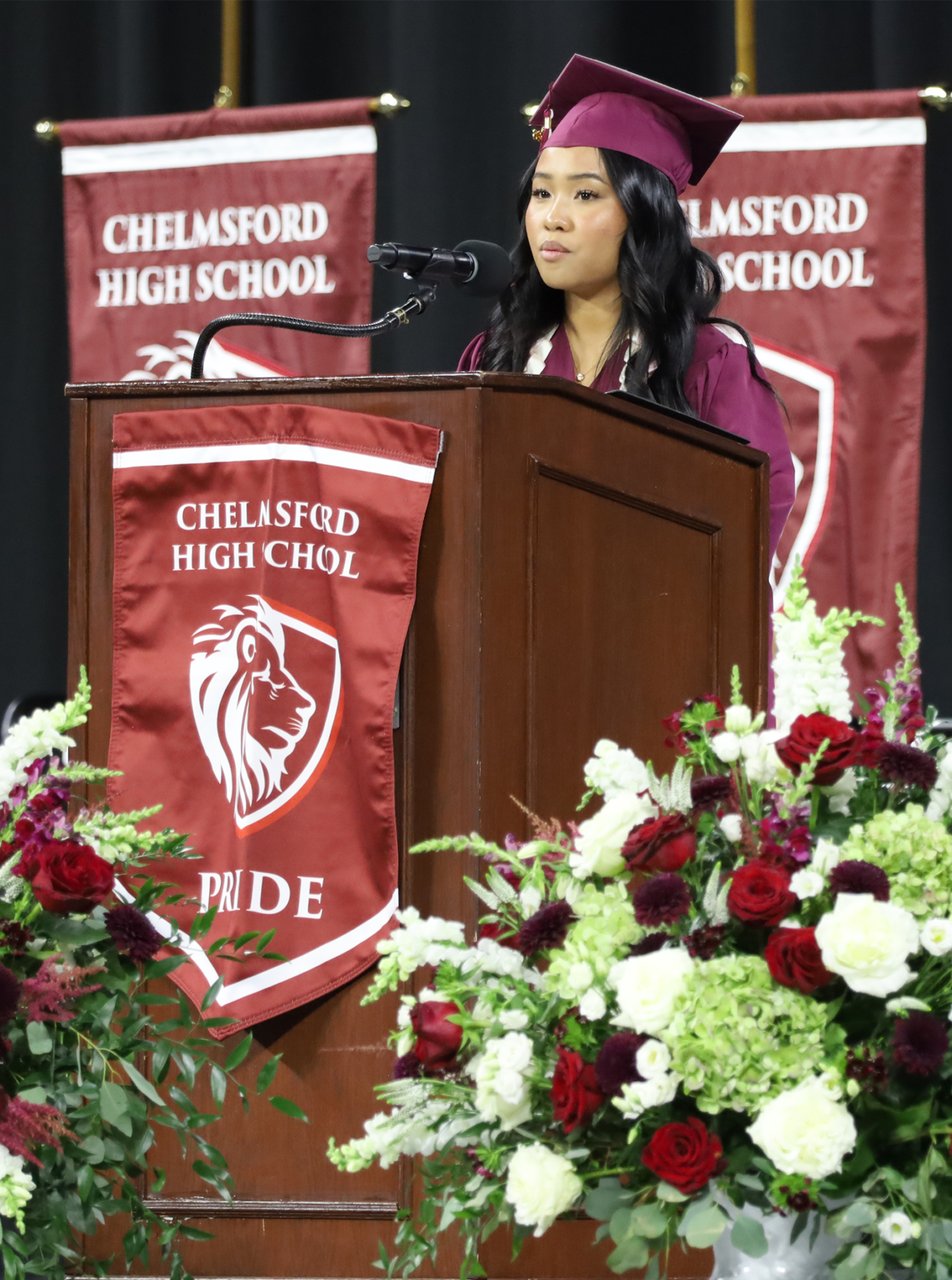 Ava Sak Chelmsford High School's Class of 2026 Secretary Ava Sak addresses the audience during Graduation on June 6, 2026.