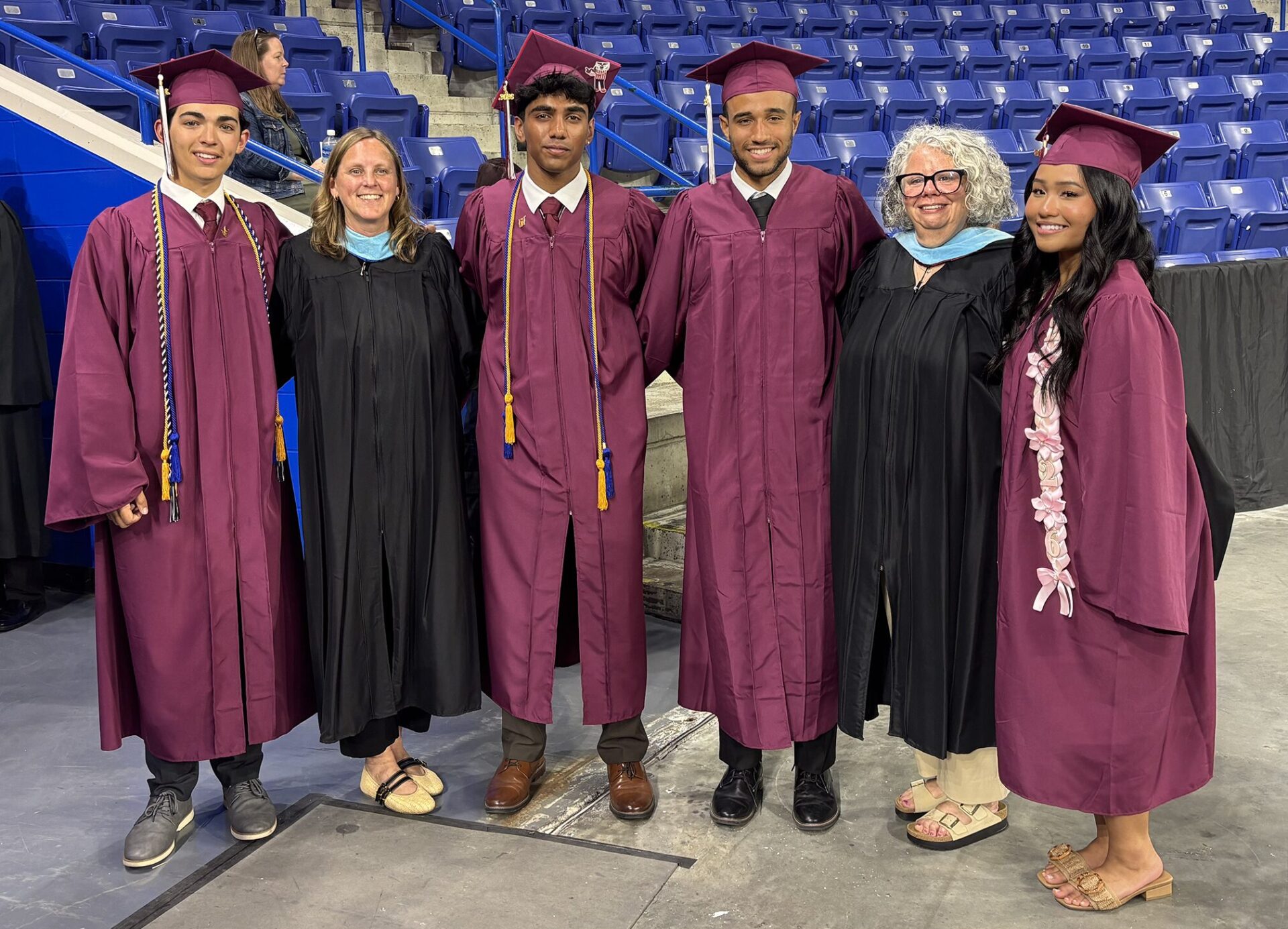 Class Officers Advisors Class of 2026 President Cody DiStasi, advisor Kathy LaFlamme, Treasurer Sai Bezawada, Vice President Ryan Gomes, advisor Kathryn Sullivan and Secretary Ava Sak pose for a photo prior to Chelmsford High School's Commencement Exercises on June 6. 2026.