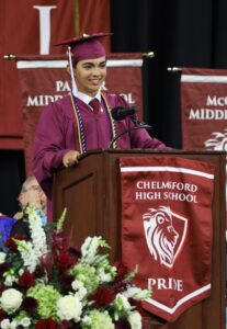 Chelmsford High School's Class of 2026 President Cody DiStasi gives his address during Graduation on June 6, 2026.