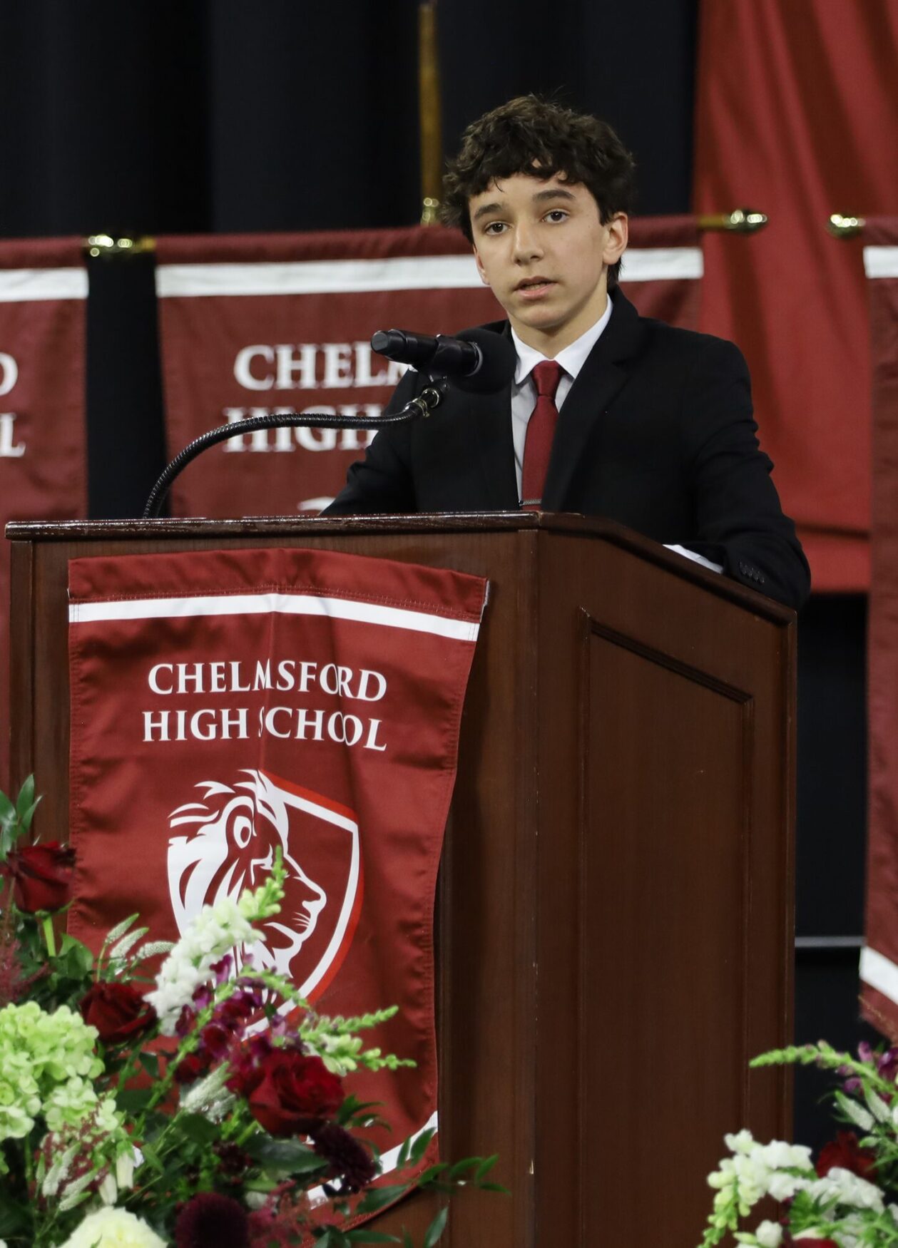 Finn 27 Prez Chelmsford High School's Class of 2027 President Finn McMeniman addresses the crowd at Graduation after receiving the gavel from outgoing president Cody DiStasi.