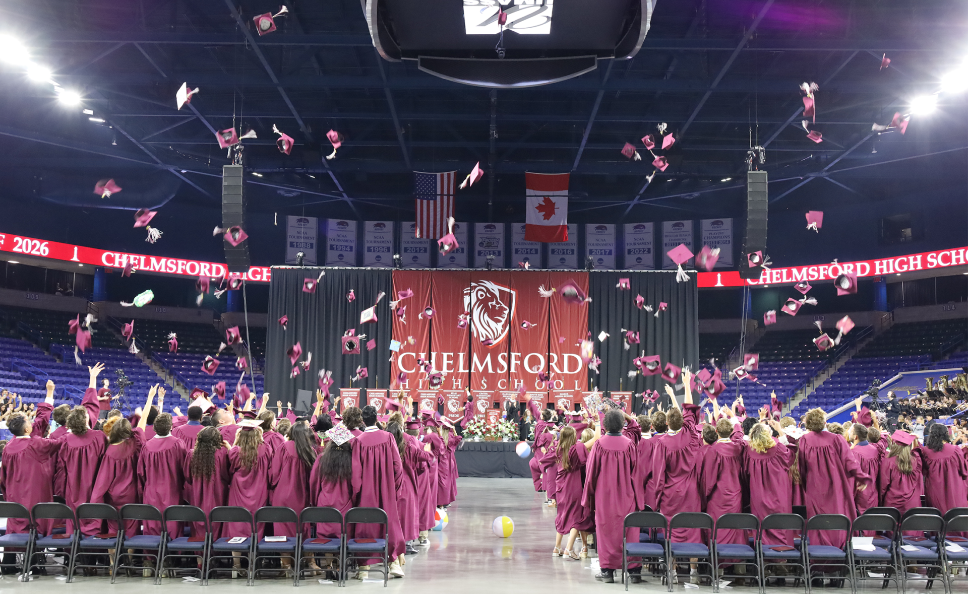 Grad Cap Toss After receiving their diplomas on June 6, the Chelmsford High School Class of 2026 celebrated by tossing their mortarboards skyward.