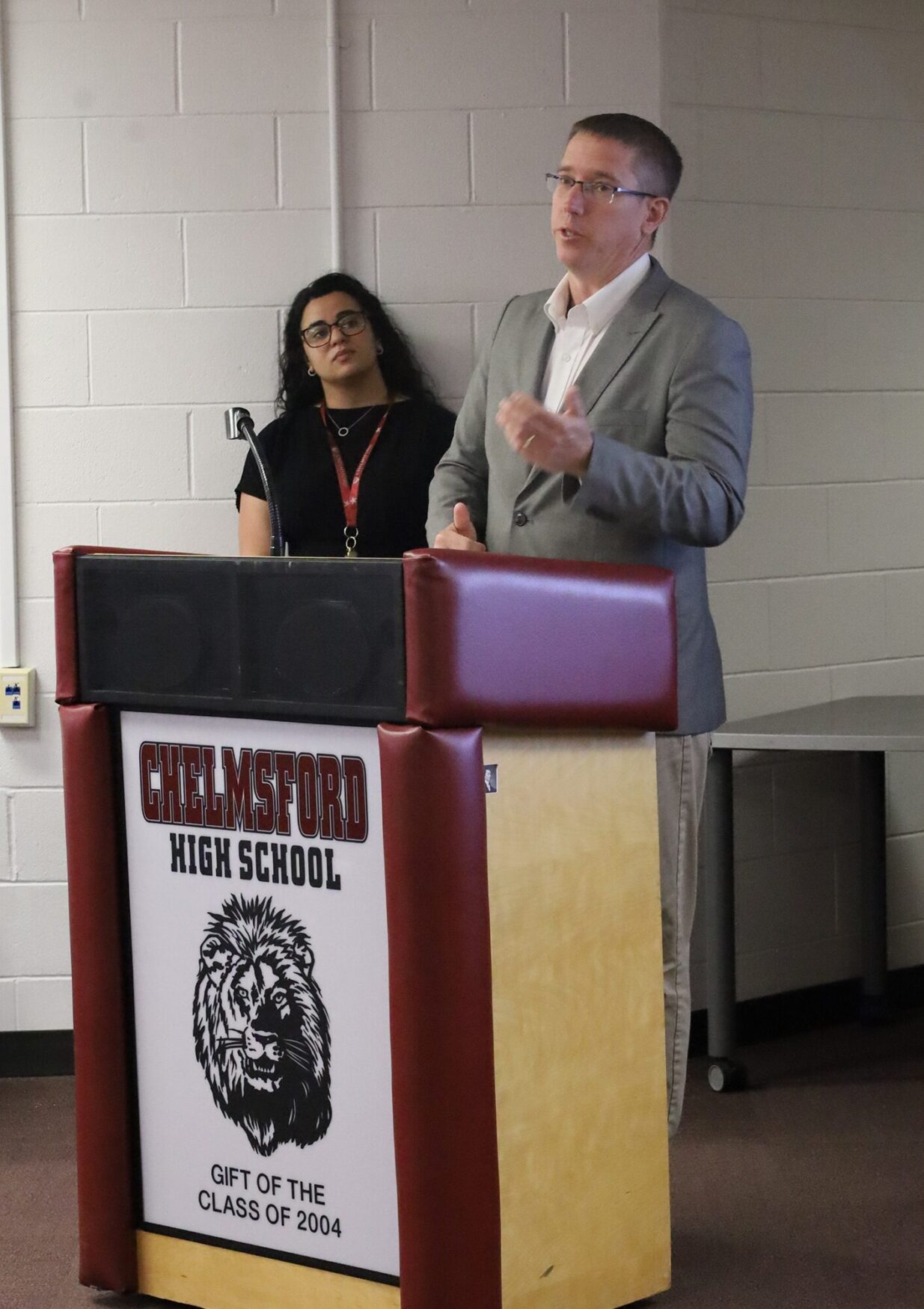 Innovation Pathways Coordinator Jon Morris speaks to those in attendance for Chelmsford High School's Innovation Pathways Graduation Ceremony on May 28, 2026.