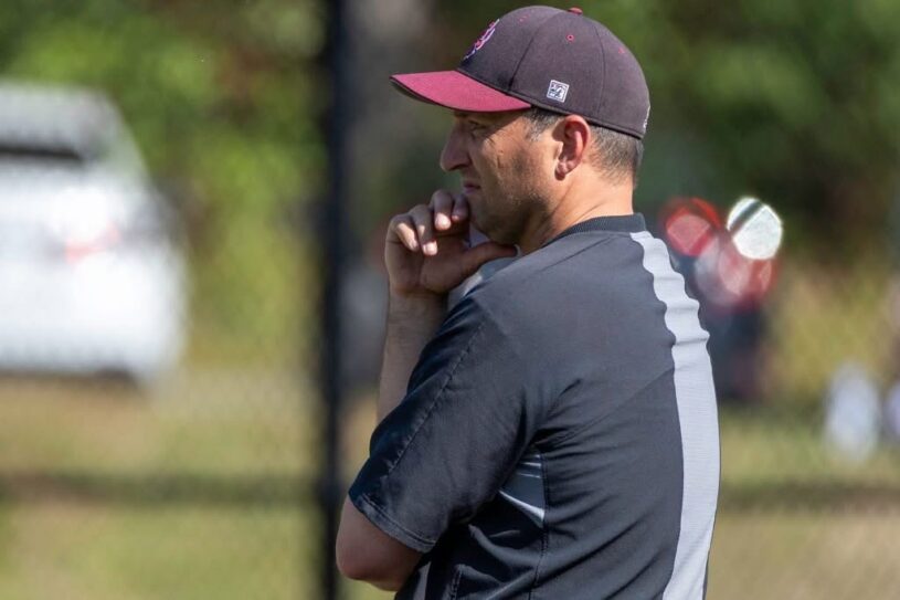 Chelmsford head baseball coach Lou DiStasi looks on during a game against Westford earlier this spring.