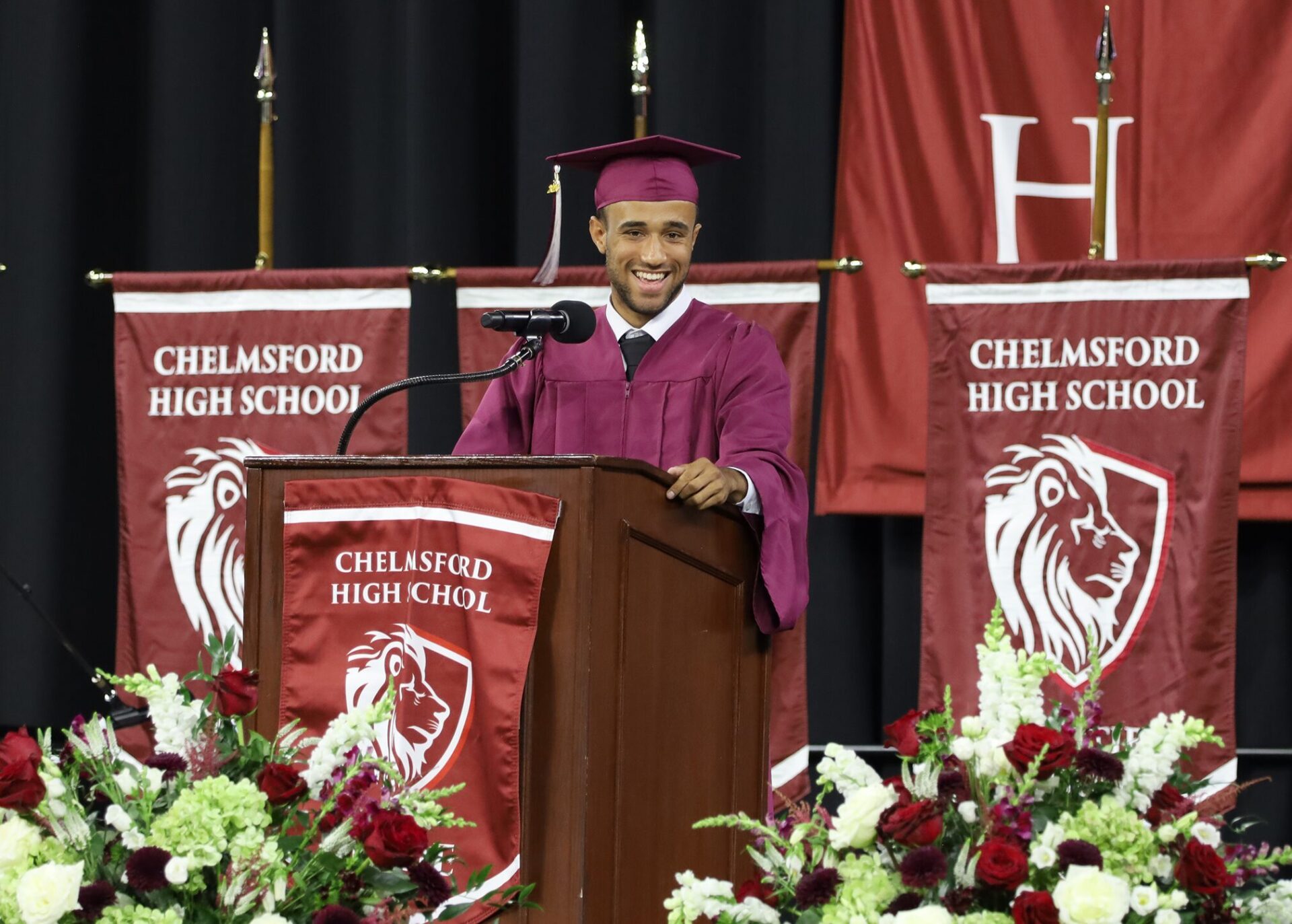 Ryan Gomes VP Class of 2026 Vice President Ryan Gomes introduces the faculty speaker during Chelmsford High School's Commencement Exercises on June 6, 2026.
