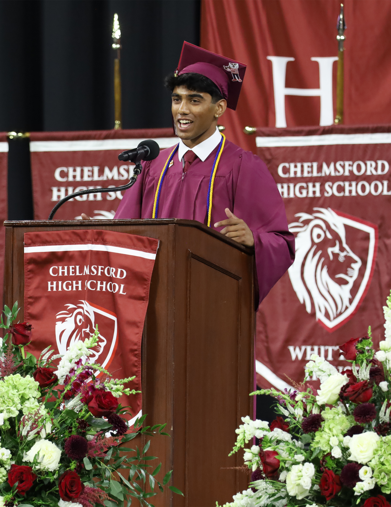 Sai Bezawada Treasurer Class of 2026 Treasurer Sai Bezawada presents the class gift, a new lectern, during the Chelmsford High School Commencement Exercises on June 6, 2026.