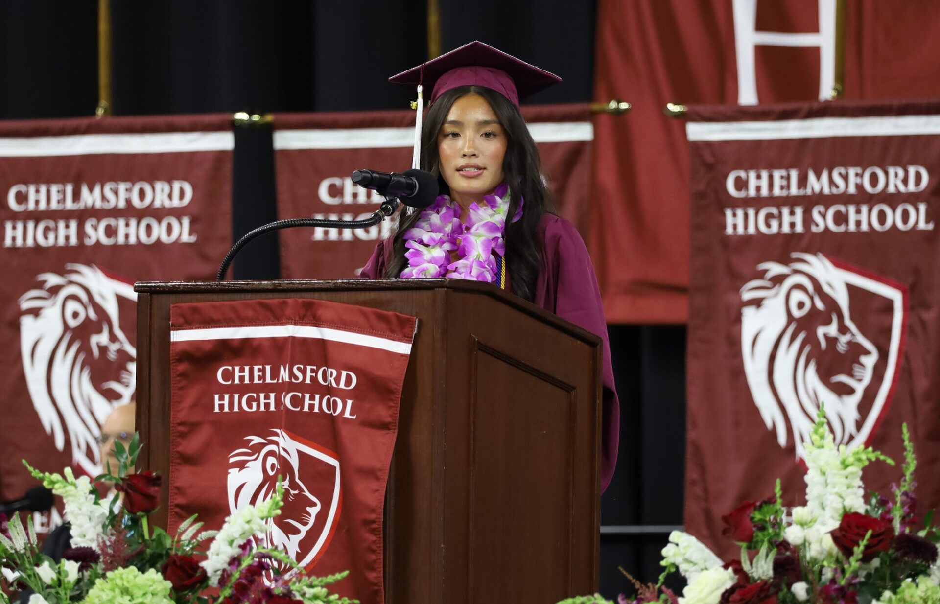 Tiffany Vu SC Prez Student Council President Tiffany Vu introduces the President of the Class of 2026 during Chelmsford High School's commencement exercises on June 6, 2026.