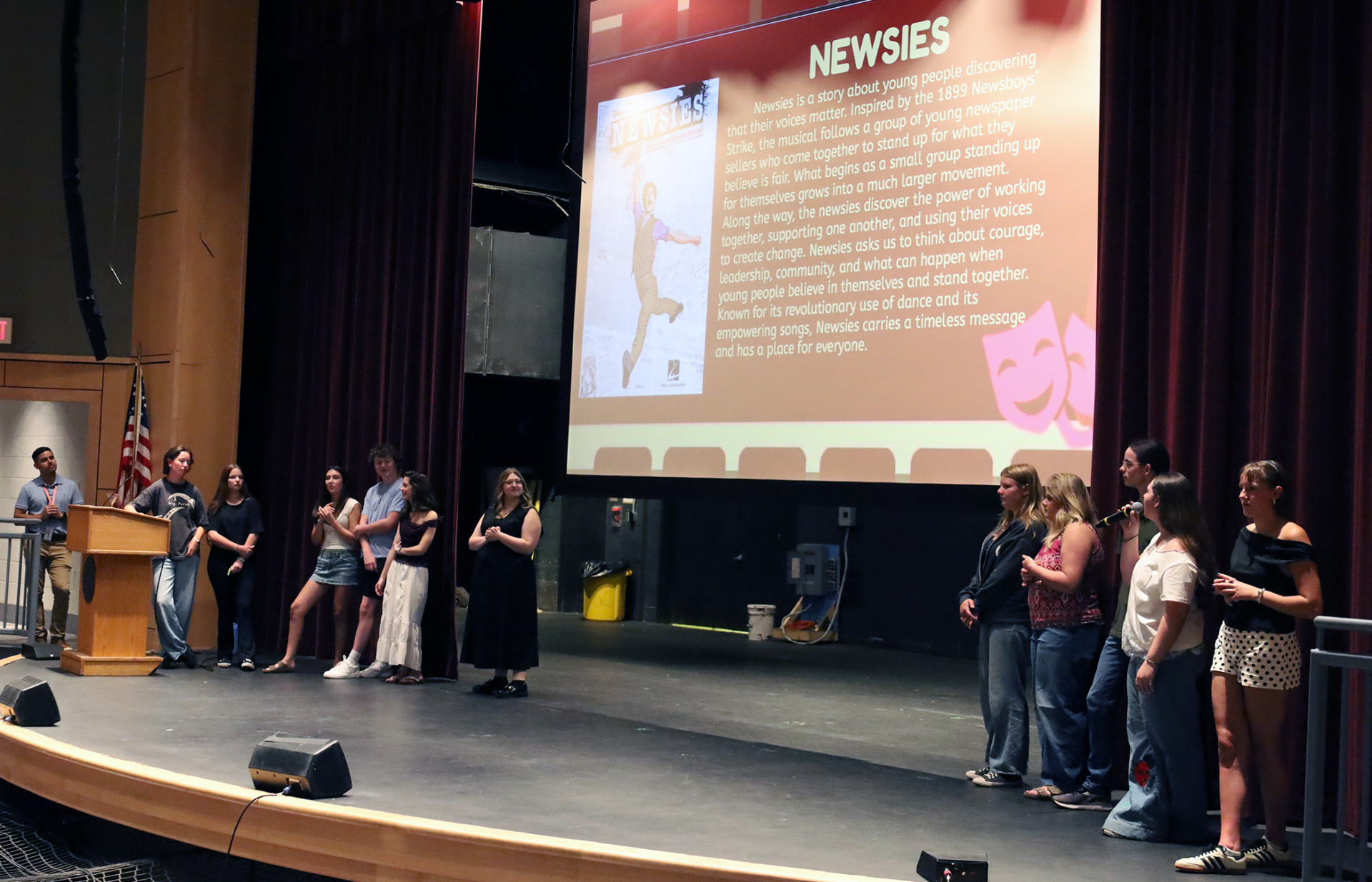 Members of the Chelmsford High School Theatre Guild board share information about the fall musical, "Newsies."