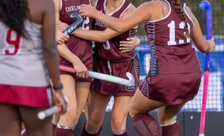 Chelmsford’s Cora Grundy, third from left, celebrates with teammates after scoring the first of her two goals during Monday’s MVC field hockey game against Lowell. Chelmsford won 3-2.